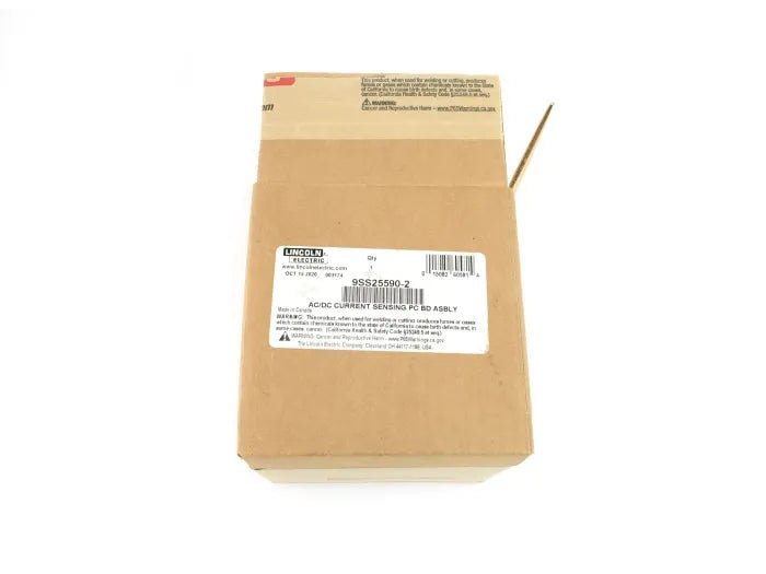 Lincoln S25590-2 current sensing PC board for SAE500/SAE300 HE welders in a brown box, rod visible, WeldingMart equipment.