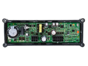 Lincoln OEM G4407-2 OCV INDICATOR PCB ASBLY: Rectangular green board with capacitors (largest 1000μF), resistors, connectors, integrated circuits, four black mounting posts at the corners, all framed in black plastic.