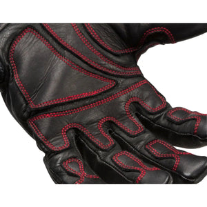 A close-up of a black leather glove with Kevlar stitching and red accents, showing padded sections and textured details on the fingers and palm for added grip, knuckle protection, and durability—ideal for welding rigging gloves.