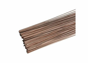 A 25lb box of Harris 0 Phos Copper Brazing Alloy rods (.050 x 1/8 x 36, model 0636F) is displayed on a white background, showing uniformly cut, coppery-brown rods stacked neatly for manual brazing applications.