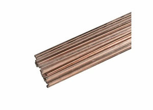 The Harris 0 Phos Copper Brazing Alloy rods (1/8 SQ x 36, 25 lb box - 0636S) are shown neatly stacked and aligned, displaying their smooth, shiny metallic surface against a white background.