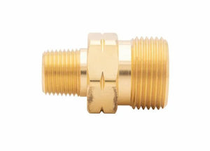 Harris 1/2" NPT LH Manifold Union Bushing 9005726 for welding equipment, dual-threaded for pipe or hose connection, white background.