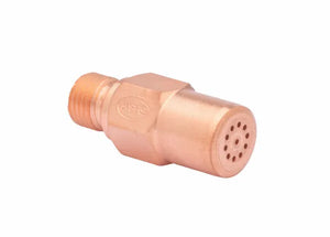 Copper-colored Harris 1390 check valve with a hexagonal middle section, threaded end on the left, and a round, perforated cap with multiple holes on the right—crafted from durable tellurium copper for reliable performance.