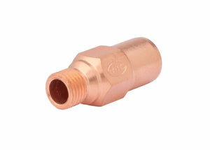 A brass check valve fitting with a hexagonal body and threaded male end, similar to those used with OXY-ACETYLENE HEATING TIP setups, displayed on a white background.