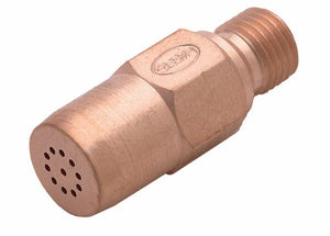 A tellurium copper flashback arrestor with a hexagonal middle section, threaded end, and multiple small holes on the opposite flat end, typically used with Harris 1390 welding equipment for safety.