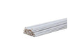 A set of Harris 15 Low-Fuming Bronze Flux-Coated Brazing Alloy rods (1/8 x 36, 10 lb, BLUE - 015FC60B) is stacked diagonally on a plain white background, each rod featuring a shiny silver surface with brown ends.