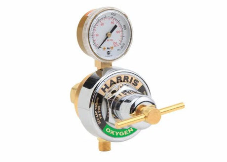 Harris 247-125-CR Single Stage Oxygen Regulator for welding, with gauge, control valve, and durable metallic build.