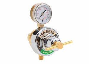 Harris 247-200 1/4 in. Pipeline Oxygen Regulator for welding, brass/chrome body, pressure gauge, handle, green label.