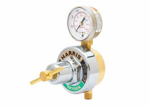 Harris 247-200 oxygen regulator 4000829 for welding, with pressure gauge, brass fittings, and "OXYGEN" label on white background.