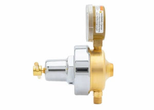 Side view of Harris 247-200 oxygen regulator for welding, with gauge and adjustment knob, ideal pipeline tool from WeldingMart.