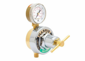 Harris 247-50-CR Oxygen Regulator for welding, brass/chrome body, round dial gauge, T-handle, high gas flow, WeldingMart.
