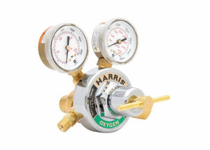 Harris 2561-125C-540 Two Stage Oxygen Regulator for welding, features dual gauges, brass fittings for precise gas control.