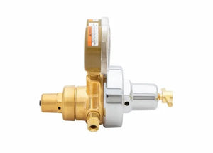 Harris 2561-125C-540 Two Stage Oxygen Regulator for welding, brass and chrome, round gauge, WeldingMart tool, side view.