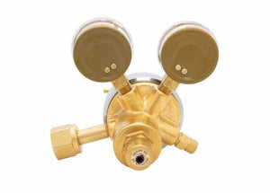 Harris 2561-125C-540 Two Stage Oxygen Regulator for welding, with dual gauges, valve, and side fittings on white background.