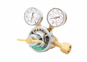 Harris 2561-125C-540 Two Stage Oxygen Regulator for welding, dual gauges, control knob, outlet fitting on white background.