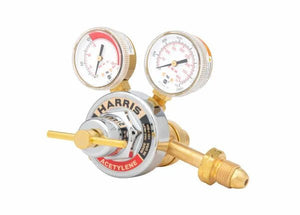 Harris 2561-15C-300 Two-Stage Acetylene Regulator for welding, with dual pressure gauges, brass body, and flow control knob.