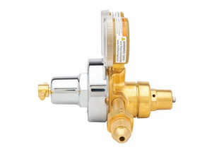 Harris 2561-15C-300 Two-Stage Acetylene Regulator for welding, brass/chrome, side view, with gauge. Ideal welding tool.