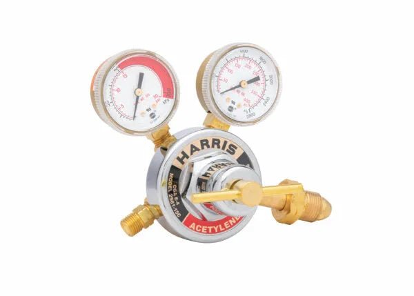 Harris 2561-15C-510 Two Stage Acetylene Regulator for welding, dual gauges, brass fittings, WeldingMart tool on white background.