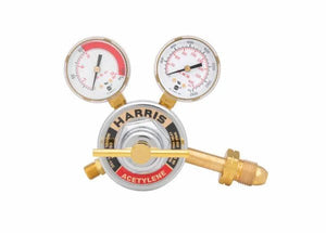 Harris 2561-15C-510 Two Stage Acetylene Regulator with dual gauges & brass fitting for precise welding gas control.