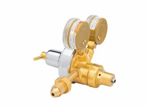 Harris 2561-15C-510 Two Stage Acetylene Regulator with dual gauges and connectors, pro welding tool shown on white background.