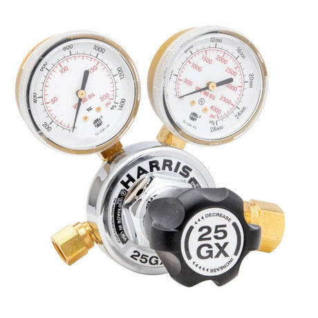 Close-up of Harris 25GX-145-320 Single Stage CO2 Regulator (3000599), premium welding tool for precise gas flow control.