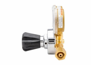 Harris 25GX-145-540 Single Stage Oxygen Regulator for welding, brass and silver body with black knob, gauge, on white background.