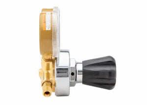 Harris 25GX-145-540 Single Stage Oxygen Regulator for welding, brass and silver, pressure gauge, black control knob, on white.