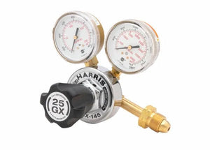 Harris 25GX-145-590 Single Stage Air Regulator for welding, dual pressure gauges, black control knob, fittings - 3000550.