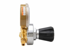 Harris 25GX-145-590 Single Stage Welding Air Regulator, brass/chrome, black knob, round gauge, WeldingMart tool on white.