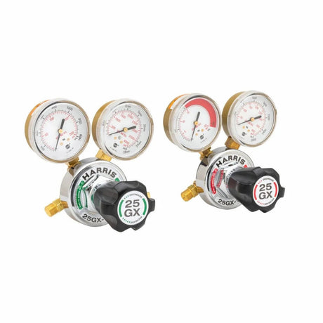 Harris 25GX-15-300 & 25GX-145-540 regulators pair with dual gauges for welding, labeled dials, black knobs, metallic bodies.