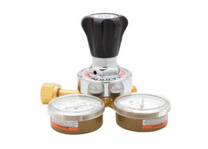 Harris 25GX-15-300 acetylene regulator for welding, with dual gauges, brass body, large knob for precise gas control—WeldingMart.