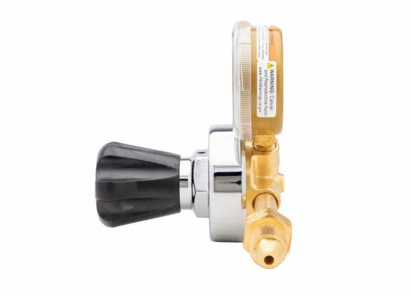 Harris 25GX-15-300 Single Stage Acetylene Regulator for welding, brass body, black knob, pressure gauge, white background.
