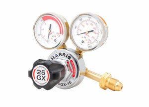 Harris 25GX-15-300 Single Stage Acetylene Regulator with dual gauges, black knob, and threaded connector for welding equipment.