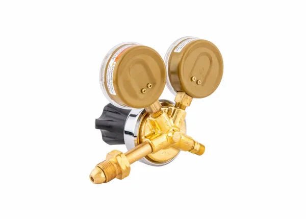 Harris 25GX-15-510 Single Stage Acetylene Regulator for welding, with dual gauges, black knob, connectors on white background.
