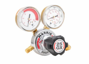 Harris 25GX-15-510 Single Stage Acetylene Regulator for welding with dual gauges, brass fittings, and black control knob.