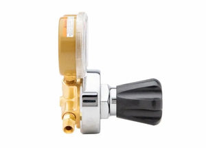 Harris 25GX-15-510 Acetylene Regulator for welding, single stage, gold dial, silver body, black knob, on white background.