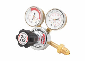 Harris 25GX-15-510 Acetylene Regulator for welding, with dual gauges, black knob, clear readings, brass fittings—WeldingMart.