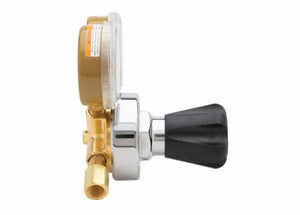 Harris 25GX-200-580 Argon Helium Nitrogen welding regulator, brass/silver body, gauge, black knob—WeldingMart equipment.