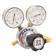 Harris 25GX-50-510P Single Stage Propane Regulator for welding, features dual analog gauges and black adjustment knob.