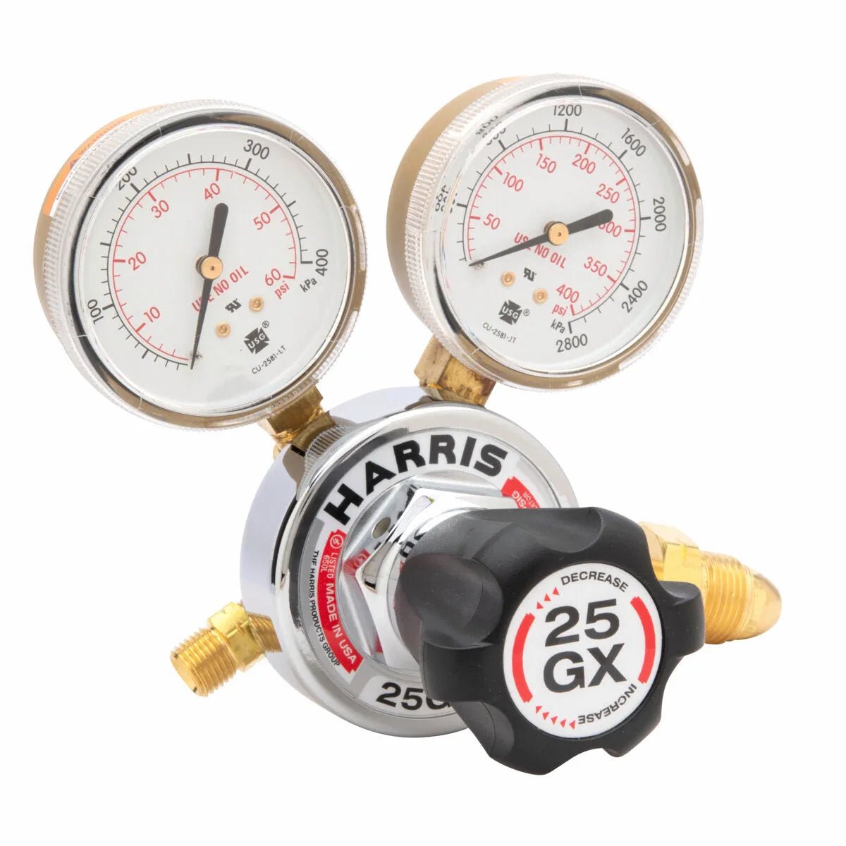 Harris 25GX-50-510P Single Stage Propane Regulator for welding, features dual analog gauges and black adjustment knob.