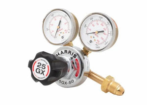 Harris 25GX-50-510P Single Stage Propane Regulator with dual gauges, black knob, brass connection for welding tools and equipment.