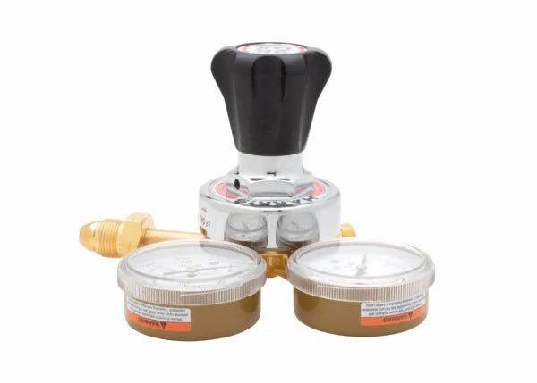 Harris 25GX-50-510P Single Stage Propane Regulator for welding, dual gauges, brass, black knob, shown on white background.