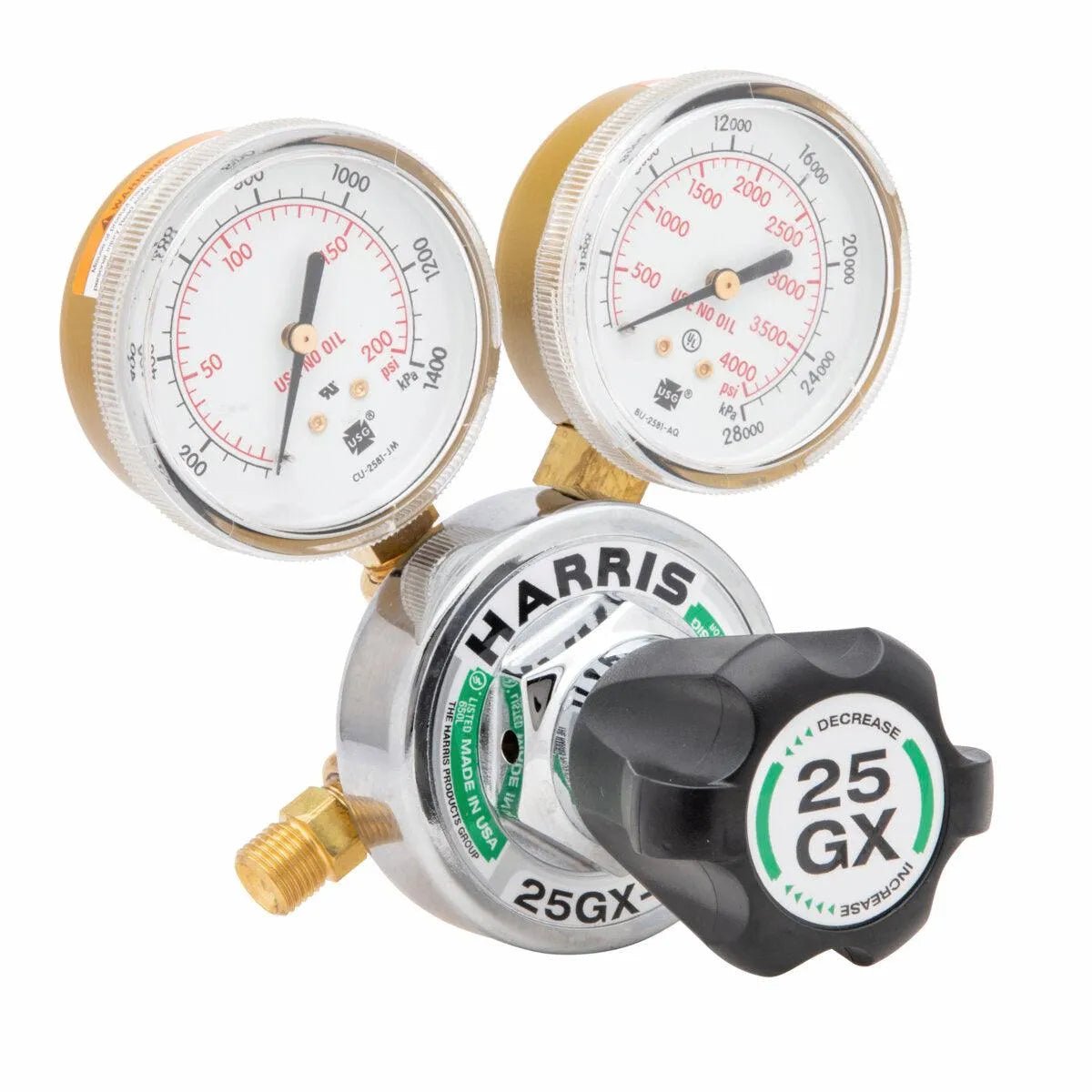 Harris 25GX-50-540 Single Stage Oxygen Regulator for welding, with dual gauges and black control knob, WeldingMart welding tool.