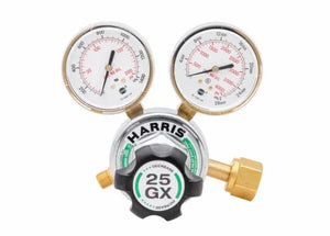 Harris 25GX-50-540 Single Stage Oxygen Regulator with dual gauges and black knob, precision welding tool from WeldingMart.