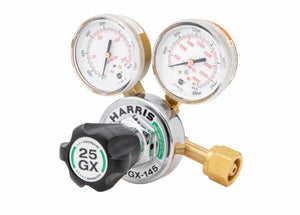 Harris 25GX-50-540 Oxygen Regulator for welding, two gauges, black 25GX knob, brass fittings for precise gas flow control.