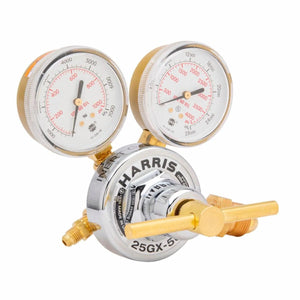 Harris 25GX-500-580 single stage pressure regulator with dual gauges, brass fittings—ideal welding gas control tool from WeldingMart.