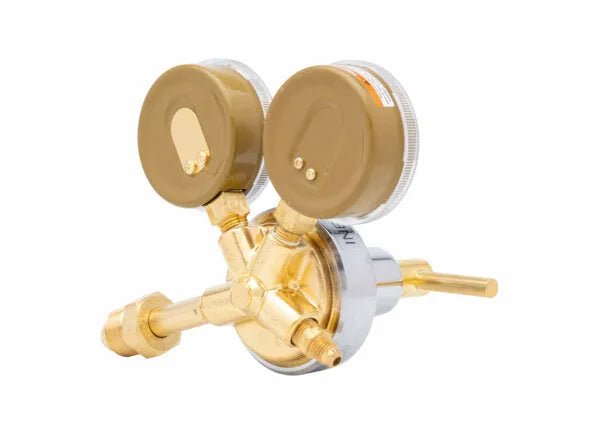 Harris 25GX-500-580 single stage brass pressure regulator with dual gauges for welding, HVAC, and nitrogen purging tasks.