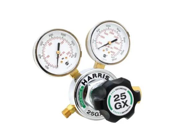 Harris 25GX-80P-580 welding regulator with dual gauges, control knob, brass fittings for argon, helium, nitrogen—WeldingMart tool.