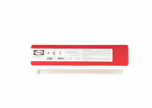 A rectangular red plastic box labeled Harris 26 3/32 Alum Elec 5 Pkg 0002650 sits on a white background with four thin silver aluminum welding rods arranged in a row below it. The box displays the Harris 26 logo and product details.