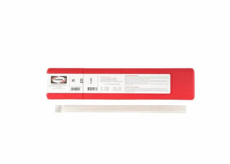 A rectangular red plastic box labeled Harris 26 3/32 Alum Elec 5 Pkg 0002650 sits on a white background with four thin silver aluminum welding rods arranged in a row below it. The box displays the Harris 26 logo and product details.